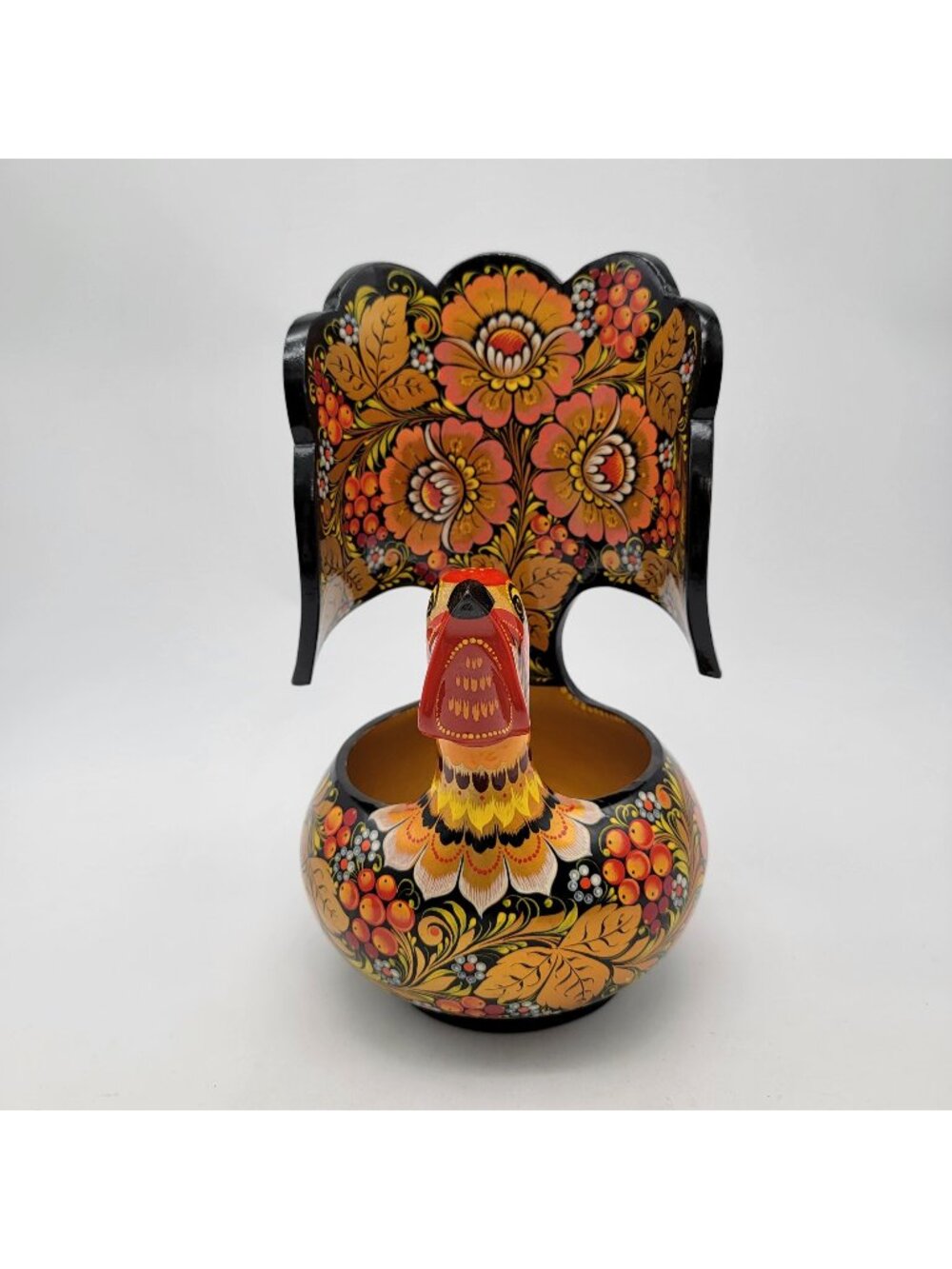 Vintage Khokhloma Folk Art Grouse Bowl Lacquerware W/ Floral Motif